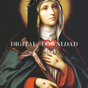 Könnte beinhalten: Digitaler Download eines religiösen Kunstwerks, das eine Frau mit Heiligenschein zeigt, die eine Dornenkrone und einen dunklen Umhang trägt. Sie hält ein Kruzifix und hat ein rotes Herz und Wunden an ihren Händen. Der Text "DIGITAL DOWNLOAD" ist überlagert.