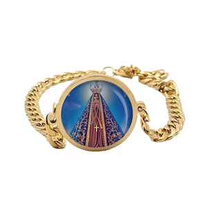 Our Lady Aparecida Mary Curb Bracelet Gold or Silver tone Religious Jewelry Simple Chain