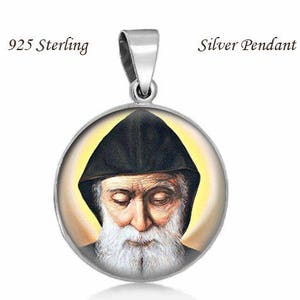 Pendentif religieux chrétien St Charbel Makhlouf Médaille en argent sterling 925 rond 20 mm