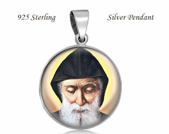 St Charbel Makhlouf Religious Christian Pendant 925 Sterling Silver Medal Round  0.8" (20 mm)