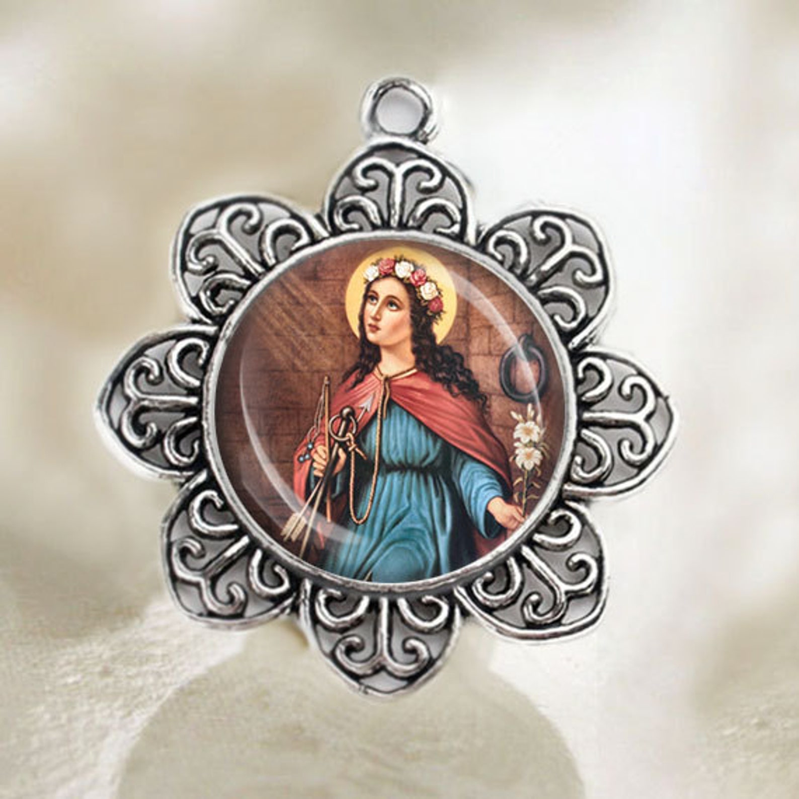 St Philomena Medal Catholic Christian Flower Shaped Silver Etsy
