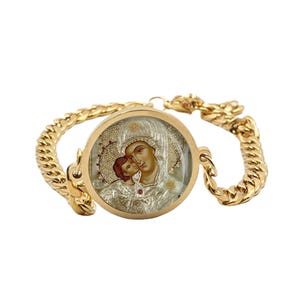 Our Lady Orthodox Icon Mary Curb Bracelet Gold or Silver tone Religious Jewelry Simple Chain