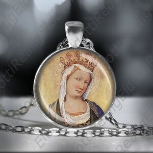Virgin Mary w Crown Necklace. Religious Renaissance and Baroque Italian art Christain Medal Pendant 1 Inches w Chain Jewelry.