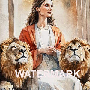 May include: Watercolor painting of a woman with long brown hair, wearing a white dress and an orange robe, seated between two lions. The woman has a halo. The word "WATERMARK" is across the bottom of the image.
