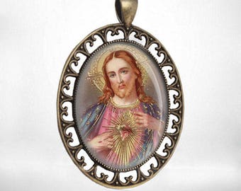 Jesus Christ Sacred Heart Medal Catholic Bronze Tone Jewelry