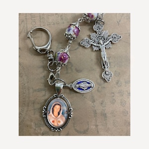 Miraculous Medal Three Hail Mary Chaplet Our Lady Rosa Mystica With Stunning Ceramic Floral beads  Devotional Medal Crucifix and Keychain