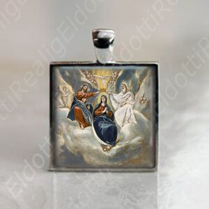 Coronation of the Virgin Mary - Religious Art Holy Ghost Heaven Catholic Medal Square Pendant