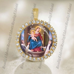 Our Lady of Pompeii - Catholic Gold Tone Medal Pendant Cabochon Religious Jewelry