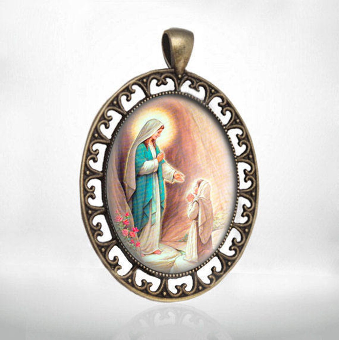 Our Lady of Lourdes Catholic Pendant Virgin Mary Medal Bronze Oval - Etsy