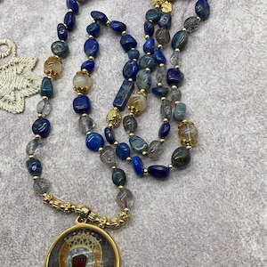 Our Lady of Czestochowa Necklace — Lapis Lazuli Beaded Necklace with Gray Glass, Black Madonna Catholic Jewelry, Handmade Religious Necklace
