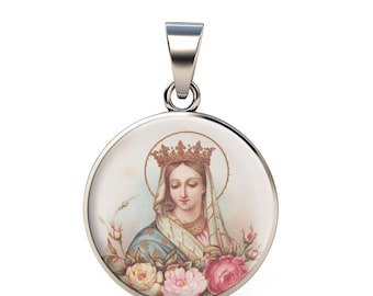 Our Lady of the Rosary Pendant: Catholic Mary, Sterling Silver Medal (20mm)