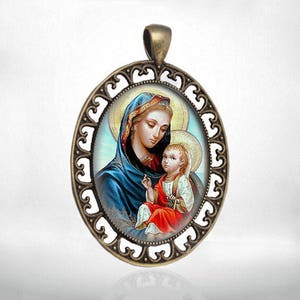 Virgin Mary with Child Jesus  Catholic Bronze Tone Medal Pendant Jewelry