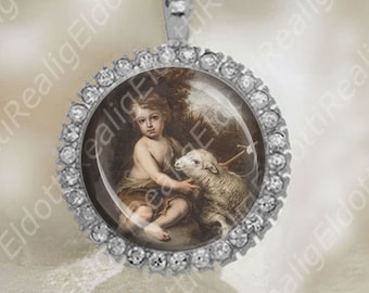 Infant Saint John the Baptist and Lamb Christian Catholic Medal Silver Tone