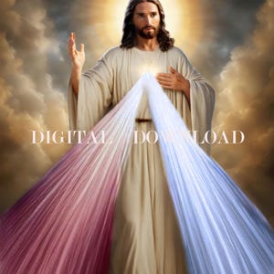 Può includere: Un dipinto di Gesù Cristo con una veste bianca e capelli lunghi e castani. Ha le mani alzate in un gesto di benedizione. Due raggi di luce, uno rosso e uno bianco, emanano dal suo petto. Lo sfondo è un cielo nuvoloso.