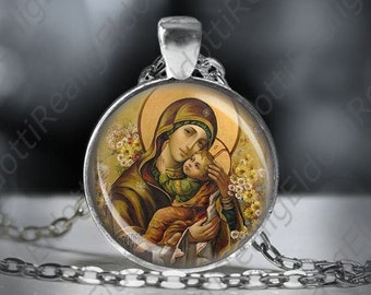Theotokos Madonna Necklace: Mother Mary & Baby Jesus Icon Pendant