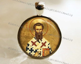 St. Ambrose Religious Christian Catholic Medal Pendant / Charm Cabochon with Glass Dome
