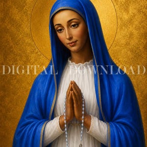 May include: A digital artwork depicting a figure wearing a bright blue head covering and a white garment, with hands clasped in prayer holding a light blue rosary. A large gold circular halo is behind the head, and the text DIGITAL DOWNLOAD is visible.