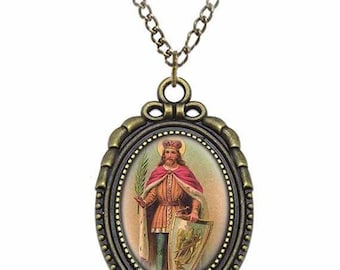 St Ladislaus of Hungary Necklace: Bronze Catholic Medal, Oval Pendant