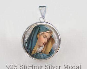 Our Lady of Sorrows Virgin Mary - Christian Religious Christian Medal Pendant / Charm Religious Jewelry. 925 Sterling Silver Medal