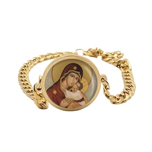 Our Lady Theotokos Mother Of God Orthodox Icon Curb Bracelet Gold or Silver tone Religious Jewelry Simple Chain