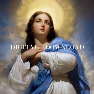 Puede incluir: Una pintura de la Virgen María con un halo de estrellas sobre su cabeza. Lleva un vestido blanco con una túnica azul encima. Tiene las manos juntas frente a su pecho.