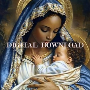Zwarte moeder Maria Afrikaanse kunst onze lieve vrouw en baby Jezus religieuze DIGITALE DOWNLOAD Print