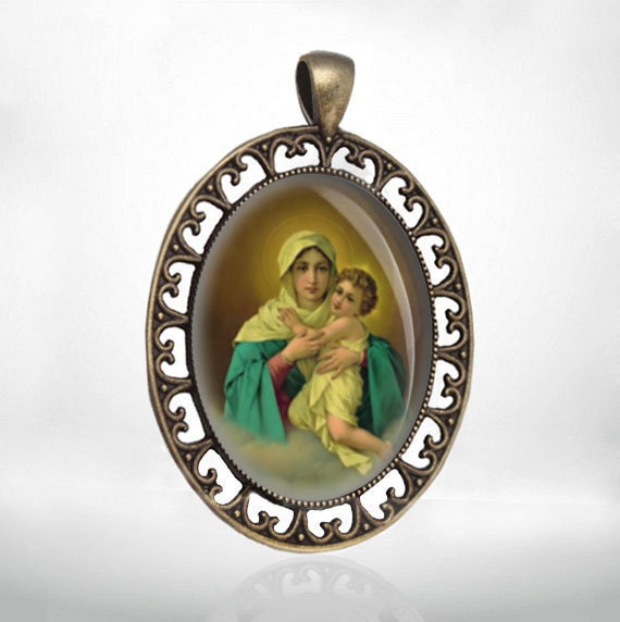 Pendentif Médaillon Vierge Marie Bronze Vintage Cabochon Verre - Fait Main