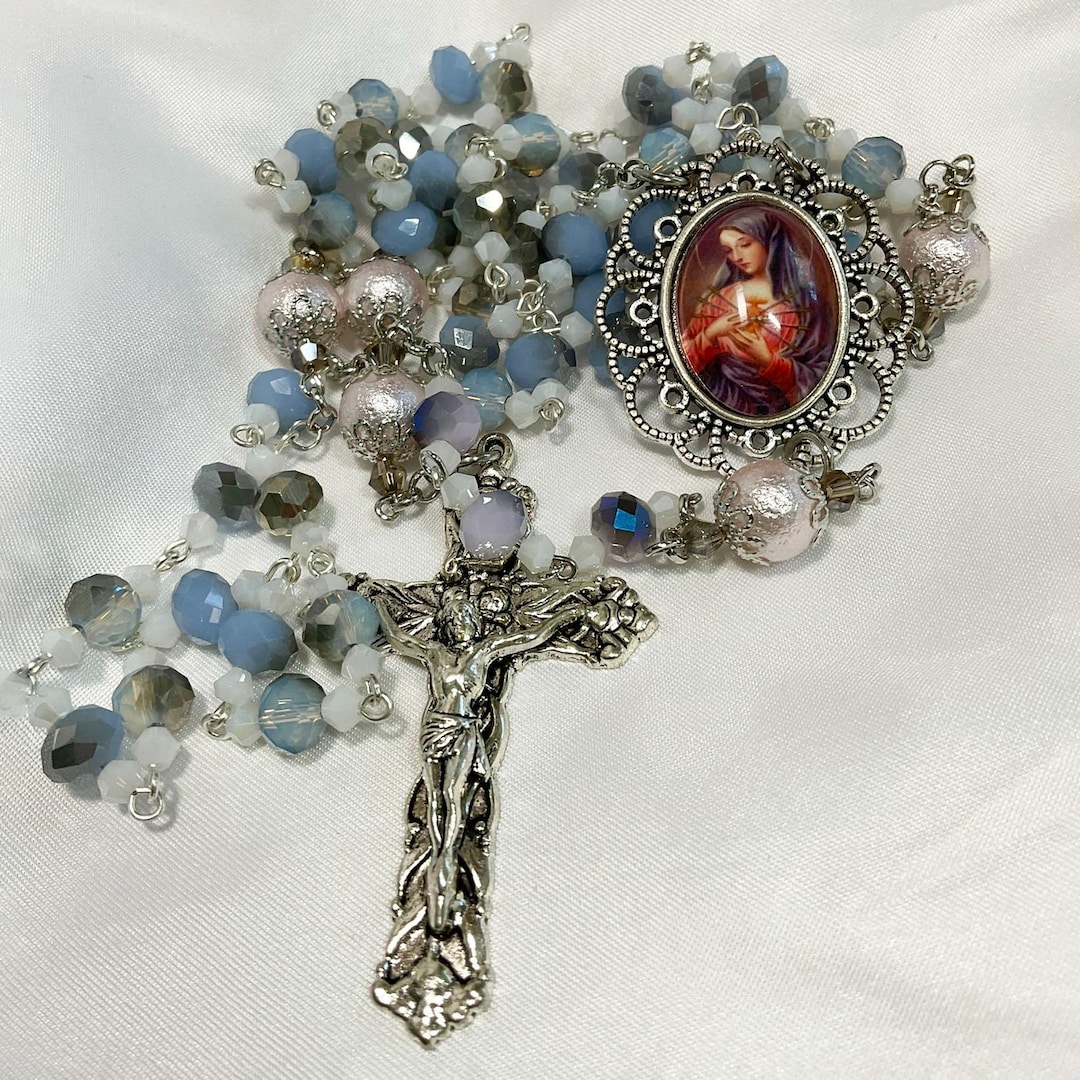 Immaculate Heart Czech Glass Rosary: Blue and White Beads, Mother Mary ...