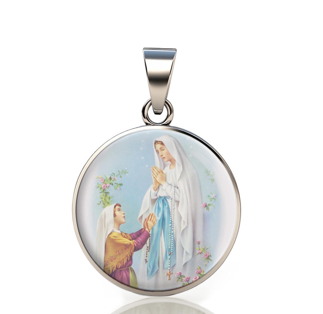Our Lady Lourdes 925 Sterling Silver Round Pendant Christian Religious ...
