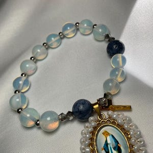 Rosary bracelet Decade Catholic Our Lady of Grace medal and Cross - Blue Coral and Opalite Beads