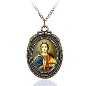 St. Agatha Necklace Catholic Religious Jewelry Medal Pendant Brass Oval Charm  Style
