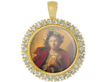 St Bona of Pisa Gold Tone Medal Pendant: Rhinestone Catholic Jewelry
