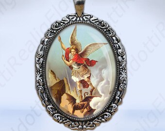 St. Michael the Archangel Catholic Christian Medal Pendant Protection Silvertone Oval FIligree Charm
