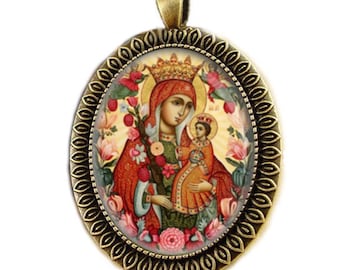 The Unfading Bloom Mother Mary Pendant. Theotokos Orthodox Icon Christian Medal Pendant.