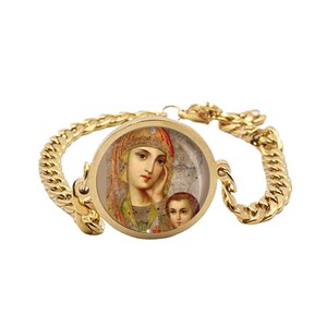 Our Lady Orthodox Icon Curb Bracelet Gold or Silver tone Religious Jewelry Simple Chain