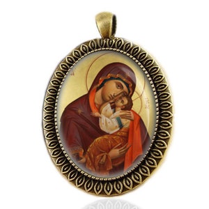 Tederheid De Maagd Eleusa Eleousa Moeder Maria met Kind Jezus Orthodox Icoon Medaille Bronzen Hanger Ovaal