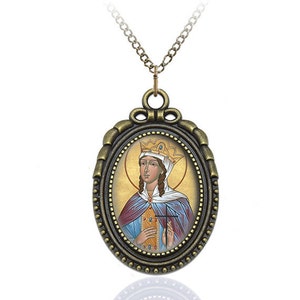 St Irene Religious Necklace. Patron Saint Catholic Antique Bronze Pendant. Catholic Christian Medal
