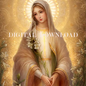 Digitale download Our Lady of Lilies | Replica van Franse vintage heilige kaart kunstafdruk | Christelijke decoratie