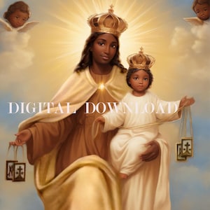 Onze-Lieve-Vrouw van de Karmel Diepbruine huid | Zwarte Maria en Jezus | Digitaal bestand afdrukbare religieuze kunst voor toewijding en inspiratie