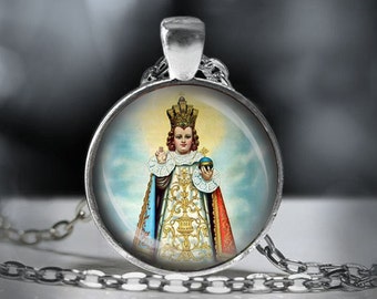 Infant Jesus of Prague Necklace: Catholic Silver Pewter Pendant
