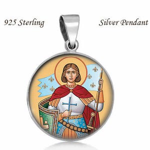 Saint Joan of Arc Religious Christian 925 Sterling Silver Medal Round 20mm Pendant