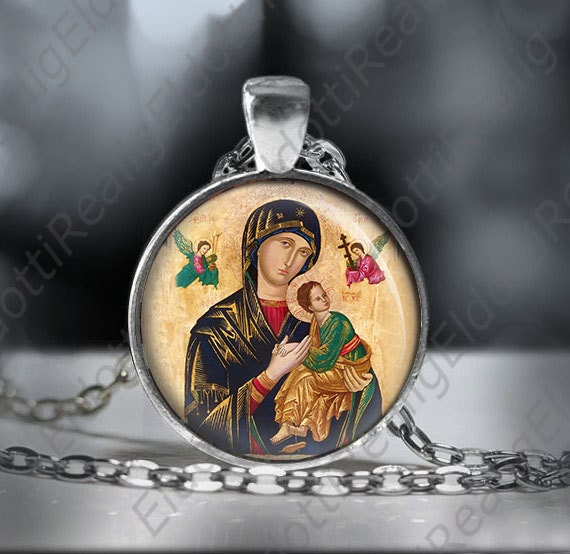 Our Lady of Perpetual Help Catholic Necklace. Virgin Mother Mary and Jesus Medal Religious Pendant. Round Medallion 1 Inches