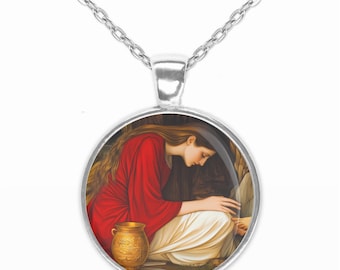 Collana con medaglia e ciondolo raffiguranti Santa Maria Maddalena che unge i piedi di Cristo