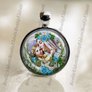 Sweet Virgin Mother Mary And Baby Jesus Catholic Religious Medal Pendant / Charm Cabochon with Glass Dome