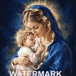 Olieverfschilderij van de moeder Maria die baby Jezus vasthoudt Religieuze kunst DIGITALE DOWNLOAD