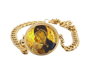 Our Lady Vladimir Curb Bracelet Gold or Silver tone Religious Jewelry Simple Chain