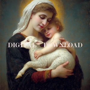 Moeder Maria, baby Jezus en lam, digitale kunstafdruk, christen