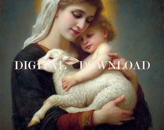 Mother Mary Baby Jesus and Lamb Digital Art Print Christian
