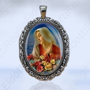Blessed Mother Virgin Mary w Roses Catholic Christian Medal Large Oval Victorian Style Pendant