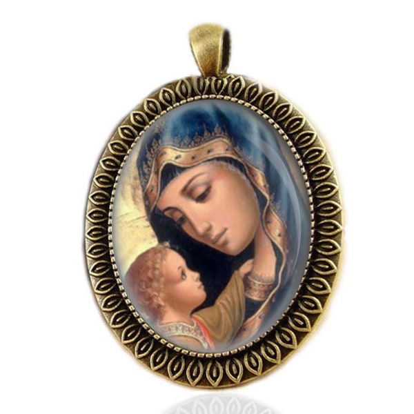 Madonna mit Kind katholische Medaille Jungfrau Maria und Jesus Religiöser Schmuck Anhänger Oval Große Bronze